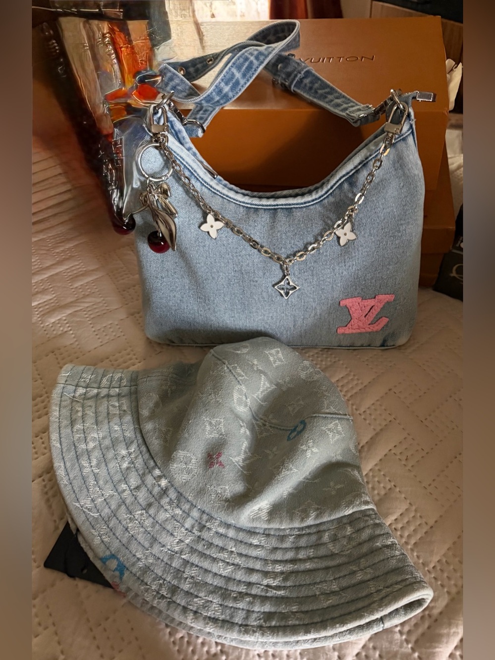 Light Blue Denim crossbody Shoulder Bag with Pink Accent